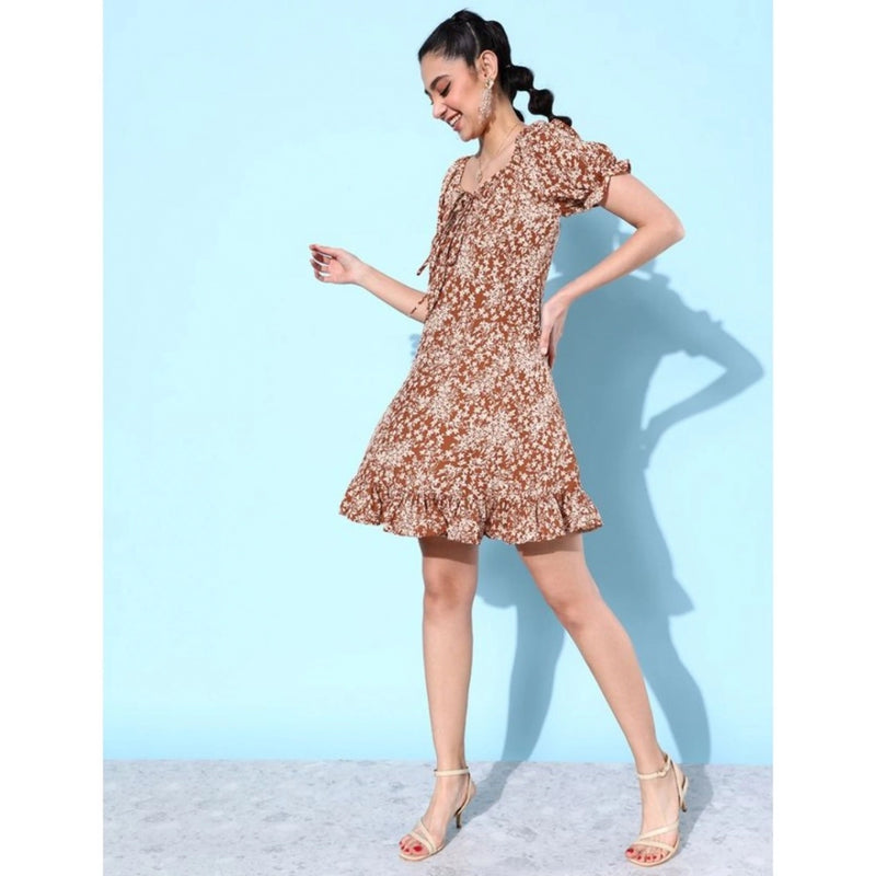 Mayawye Women's Polyester Crepe Floral Square Neck Short Sleeve Dress (Rust)