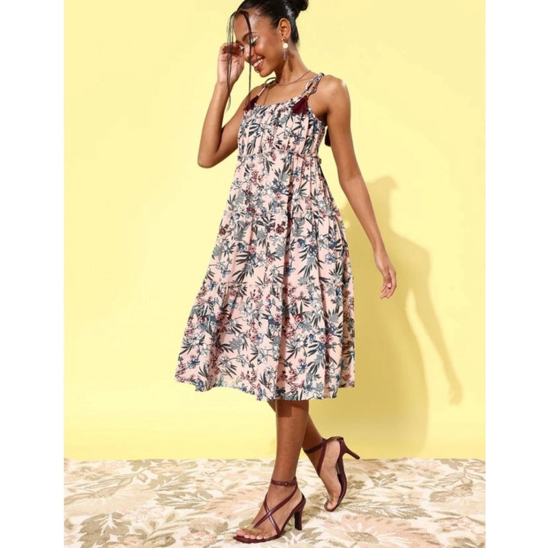 Mayawye Women's Georgette Floral Square Neck Sleeveless Dress (Peach)