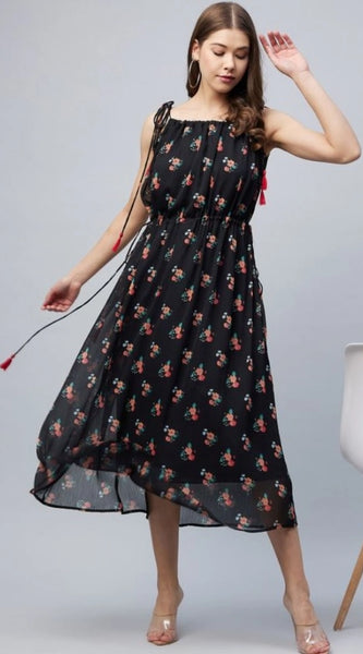 Mayawye Women's Chiffon Floral Square Neck Sleeveless Dress (Black)