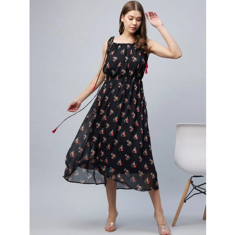 Mayawye Women's Chiffon Floral Square Neck Sleeveless Dress (Black)