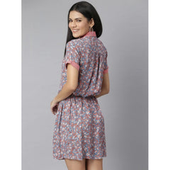 Mayawye Women's Polyester Moss Floral Collar Neck Short Sleeve Dress (Grey-Red)