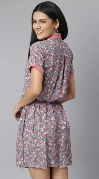 Mayawye Women's Polyester Moss Floral Collar Neck Short Sleeve Dress (Grey-Red)