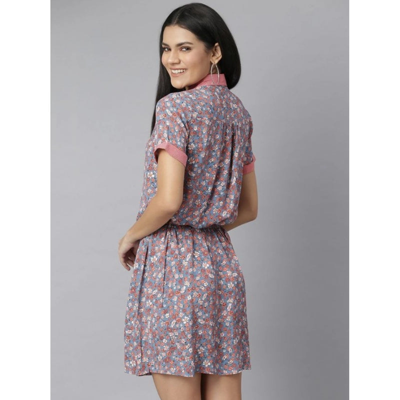 Mayawye Women's Polyester Moss Floral Collar Neck Short Sleeve Dress (Grey-Red)