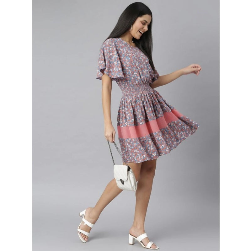 Mayawye Women's Polyester Moss Floral Round Neck Flutter Dress (Grey-Red)