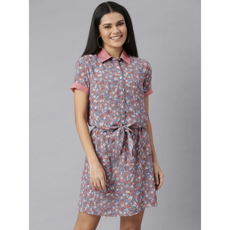 Mayawye Women's Polyester Moss Floral Collar Neck Short Sleeve Dress (Grey-Red)