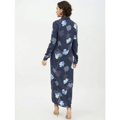 Mayawye Women's Rayon Floral Collar Neck Long Sleeves Dress (Blue)