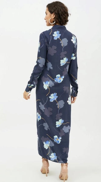 Mayawye Women's Rayon Floral Collar Neck Long Sleeves Dress (Blue)