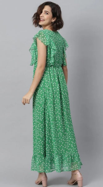 Mayawye Women's Polyester Floral Round Neck Short Sleeve Dress (Green)