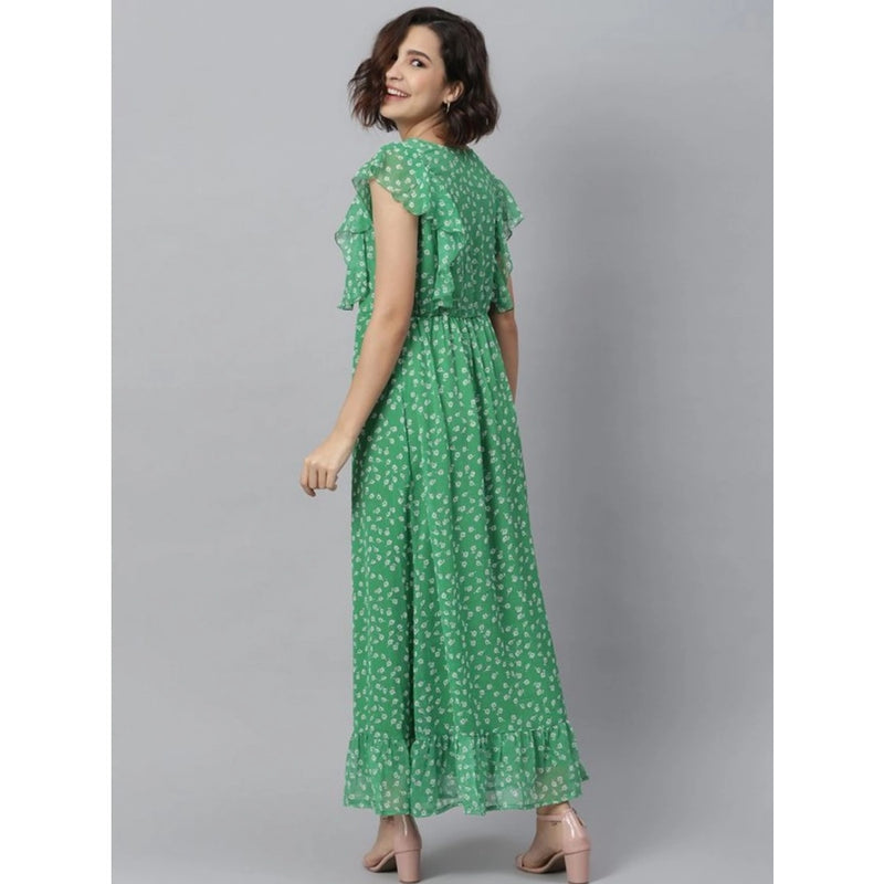 Mayawye Women's Polyester Floral Round Neck Short Sleeve Dress (Green)
