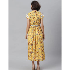 Mayawye Women's Polyester Floral V-Neck Short Sleeve Dress (Yellow-White)