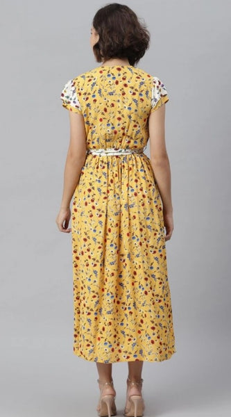 Mayawye Women's Polyester Floral V-Neck Short Sleeve Dress (Yellow-White)