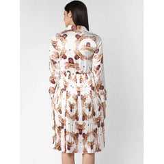 Mayawye Women's Polyester Pleated Collar Neck Long Sleeves Dress (White)