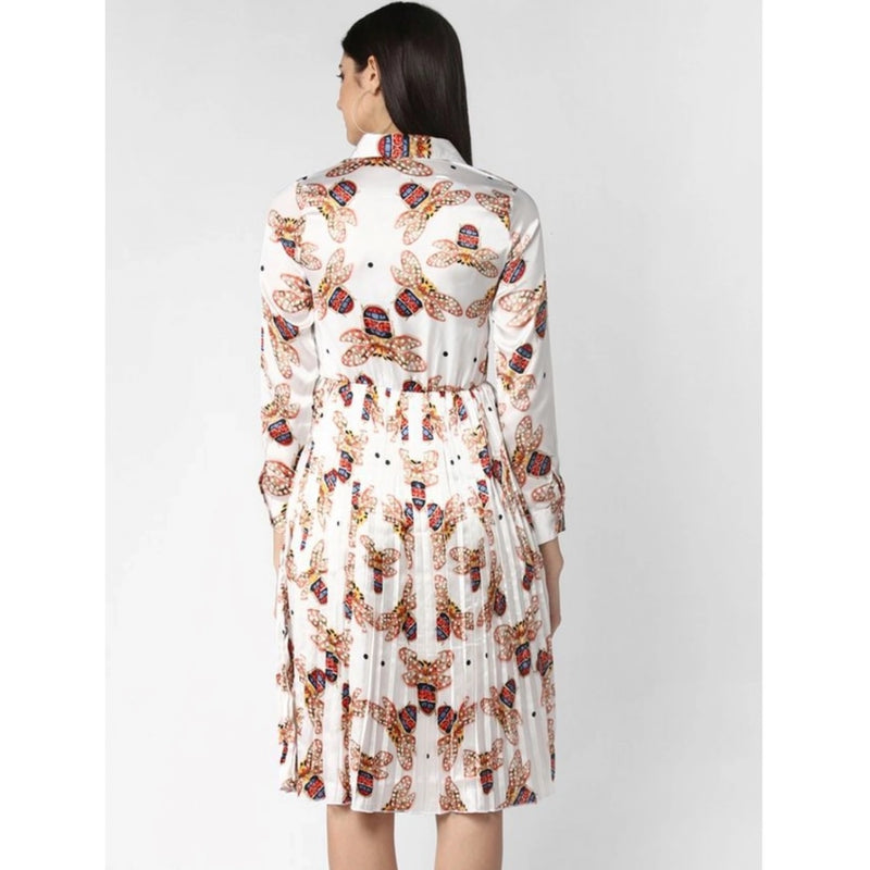 Mayawye Women's Polyester Pleated Collar Neck Long Sleeves Dress (White)