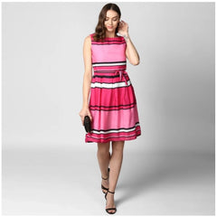 Mayawye Women's Polyester Striped Close Neck Sleeveless Dress (Pink)