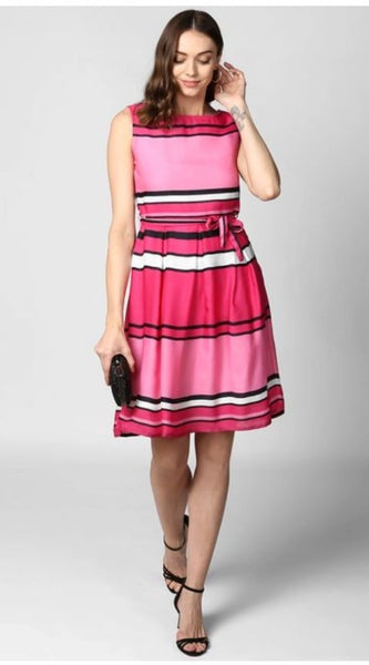 Mayawye Women's Polyester Striped Close Neck Sleeveless Dress (Pink)