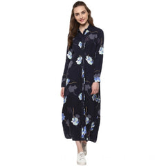 Mayawye Women's Rayon Floral Collar Neck Long Sleeves Dress (Blue)