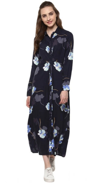Mayawye Women's Rayon Floral Collar Neck Long Sleeves Dress (Blue)