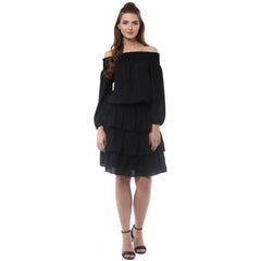 Mayawye Women's Polyester Moss Solid Off-Shoulder Long Sleeves Dress (Black)