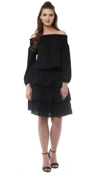Mayawye Women's Polyester Moss Solid Off-Shoulder Long Sleeves Dress (Black)