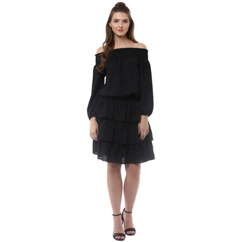 Mayawye Women's Polyester Moss Solid Off-Shoulder Long Sleeves Dress (Black)