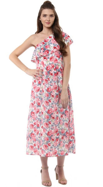 Mayawye Women's Polyester Crepe Floral One Shoulder One Shoulder Dress (Multicolor)