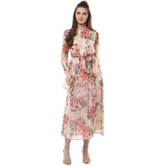 Mayawye Women's Chiffon Floral Round Neck Long Sleeves Dress (Multicolor)