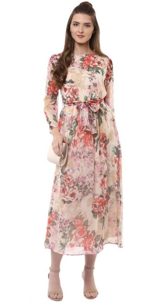 Mayawye Women's Chiffon Floral Round Neck Long Sleeves Dress (Multicolor)