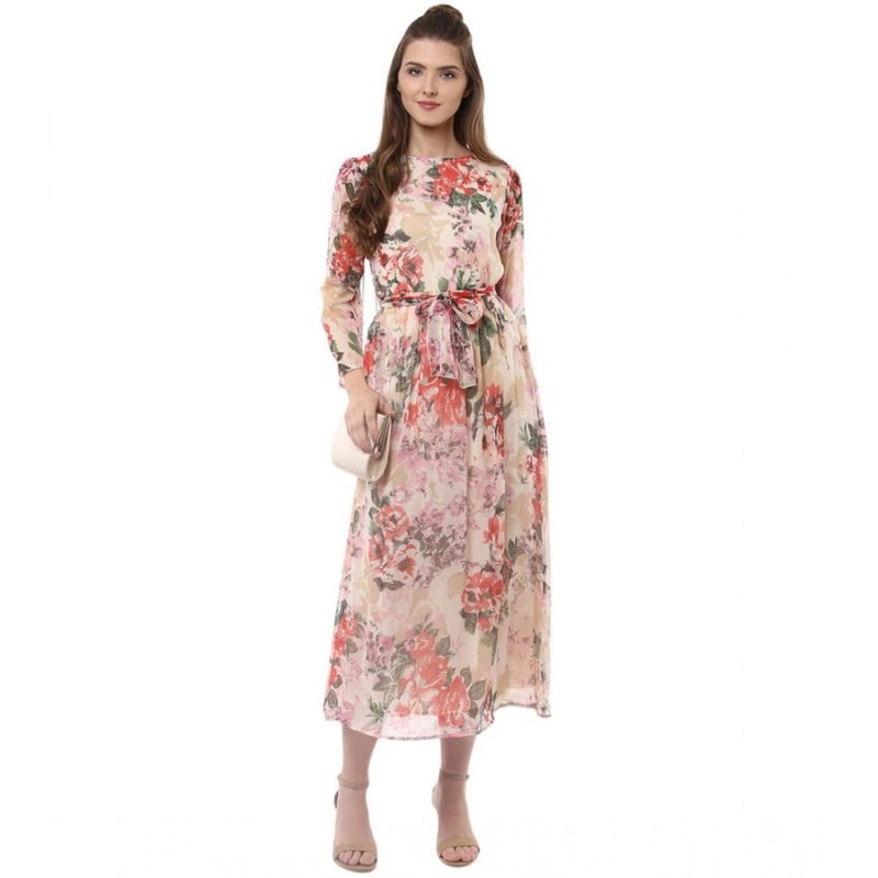 Mayawye Women's Chiffon Floral Round Neck Long Sleeves Dress (Multicolor)