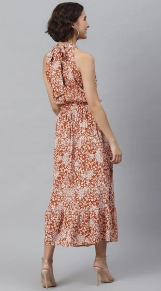 Mayawye Women's Polyester Printed Halter Neck Sleeveless Dress (Rust)