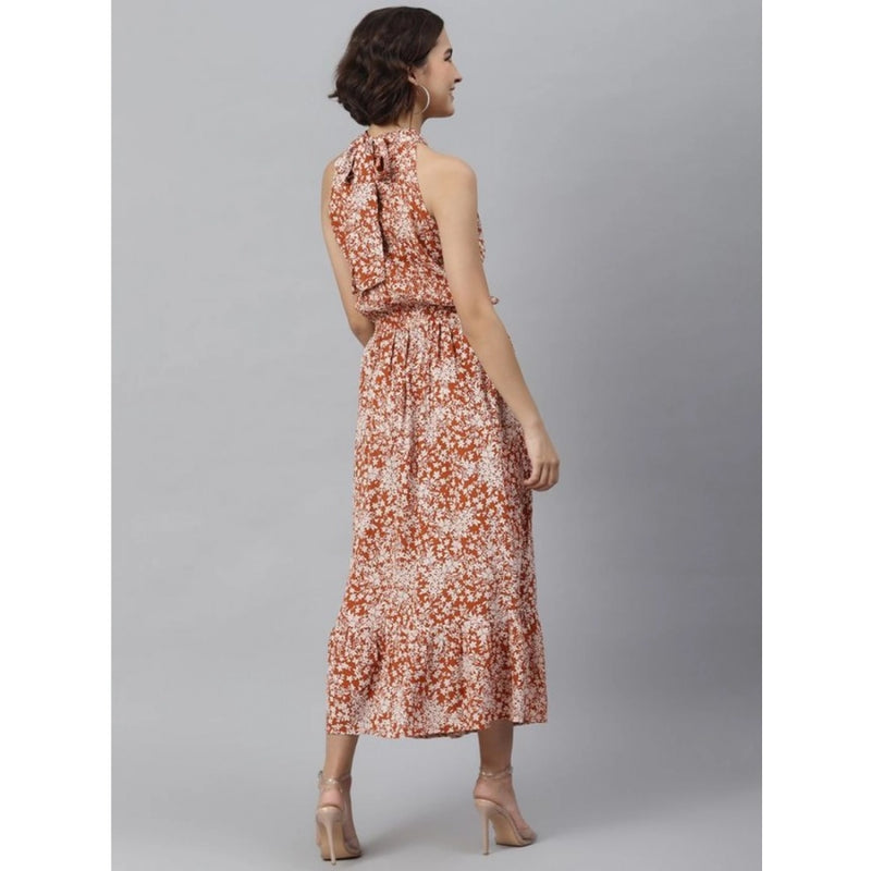 Mayawye Women's Polyester Printed Halter Neck Sleeveless Dress (Rust)
