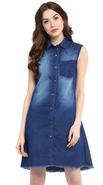 Mayawye Women's Denim Solid Collar Neck Sleeveless Dress (Blue)