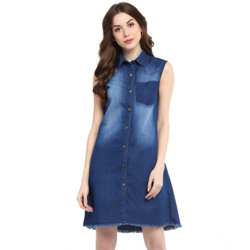 Mayawye Women's Denim Solid Collar Neck Sleeveless Dress (Blue)