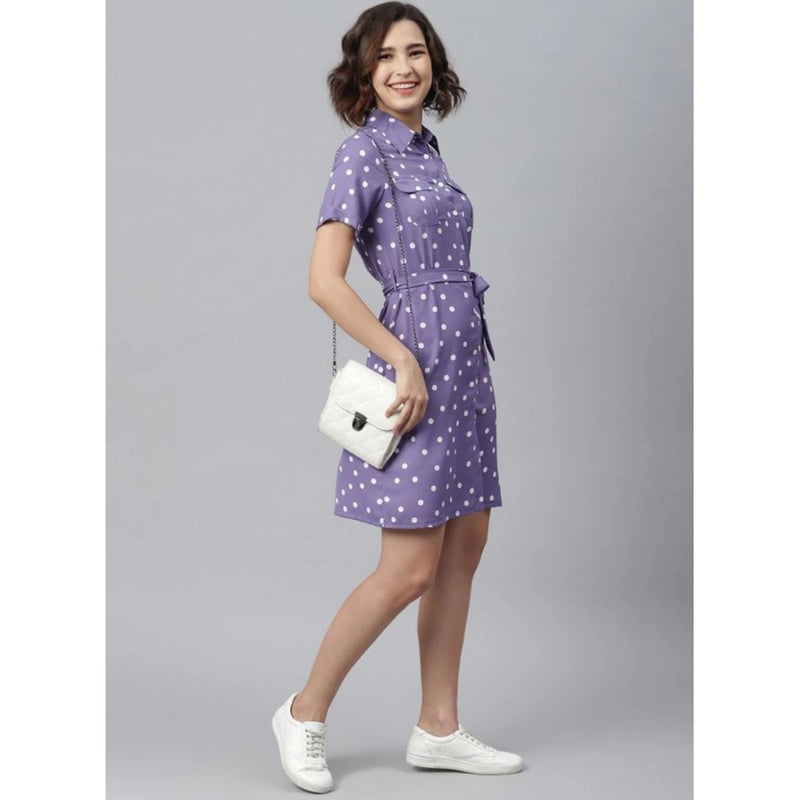 Mayawye Women's Polyester Polka Collar Neck Short Sleeve Dress (Lavender)
