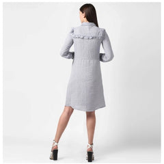 Mayawye Women's Polyester Floral Collar Neck Long Sleeves Dress (Blue)