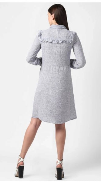 Mayawye Women's Polyester Floral Collar Neck Long Sleeves Dress (Blue)