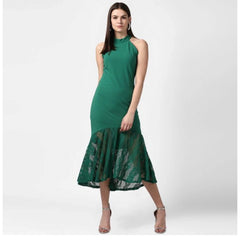Mayawye Women's Polyester Asymmetrical Close Neck Sleeveless Dress (Green)