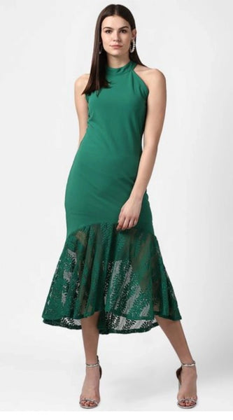 Mayawye Women's Polyester Asymmetrical Close Neck Sleeveless Dress (Green)