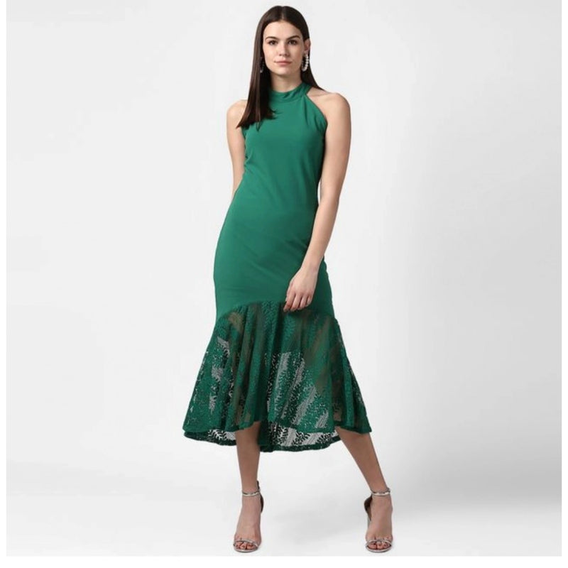 Mayawye Women's Polyester Asymmetrical Close Neck Sleeveless Dress (Green)