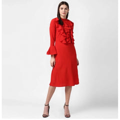 Mayawye Women's Polyester Ruffled Close Neck Long Sleeves Dress (Red)