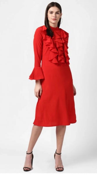 Mayawye Women's Polyester Ruffled Close Neck Long Sleeves Dress (Red)