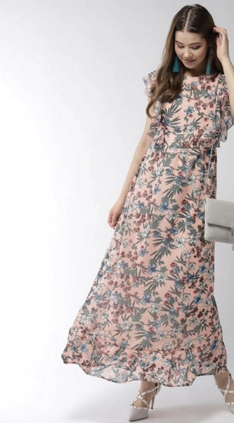 Mayawye Women's Polyester Floral Round Neck Flutter Dress (Multicolor)
