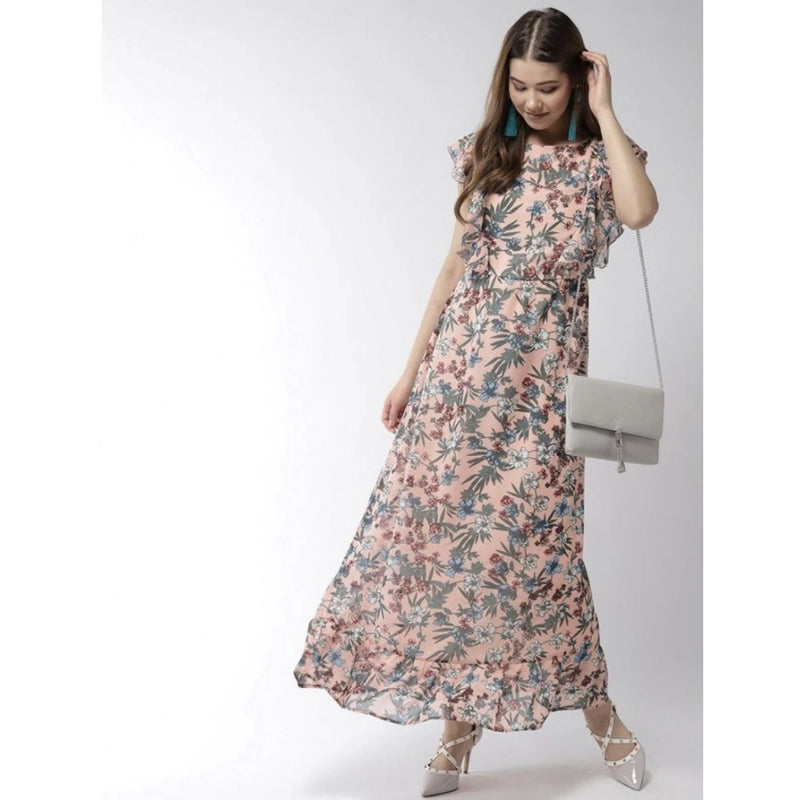 Mayawye Women's Polyester Floral Round Neck Flutter Dress (Multicolor)