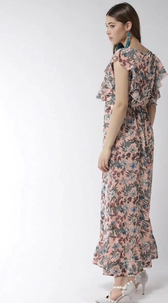 Mayawye Women's Polyester Floral Round Neck Flutter Dress (Multicolor)