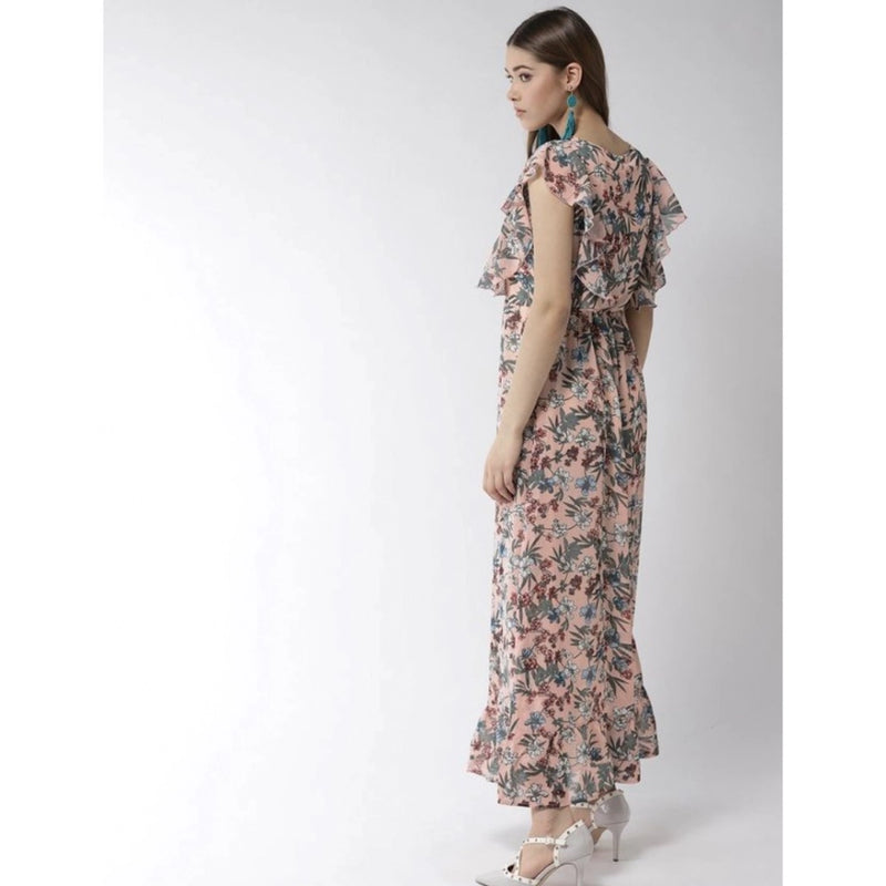 Mayawye Women's Polyester Floral Round Neck Flutter Dress (Multicolor)