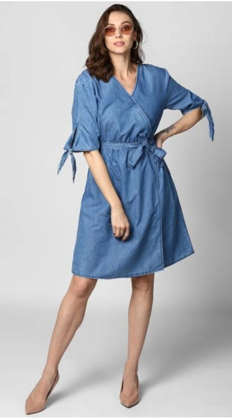 Mayawye Women's Denim Solid V-Neck Tie Ups Dress (Blue)