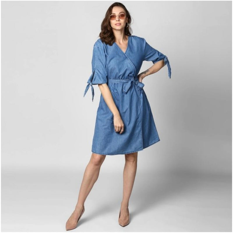 Mayawye Women's Denim Solid V-Neck Tie Ups Dress (Blue)