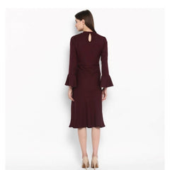 Mayawye Women's Polyester Ruffled Close Neck Bell Sleeve Dress (Maroon)
