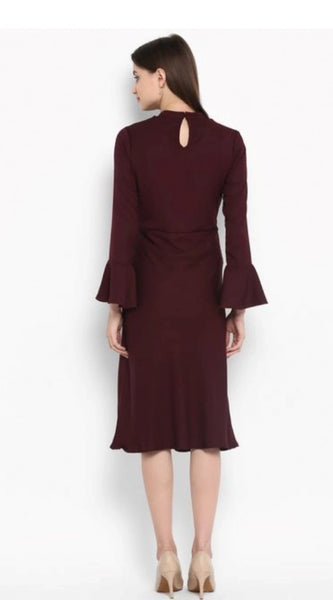 Mayawye Women's Polyester Ruffled Close Neck Bell Sleeve Dress (Maroon)