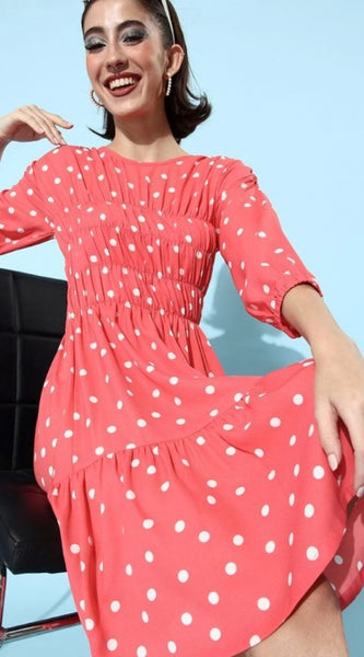 Mayawye Women's Polyester Moss Polka Round Neck 3/4th Sleeves Dress (Pink)