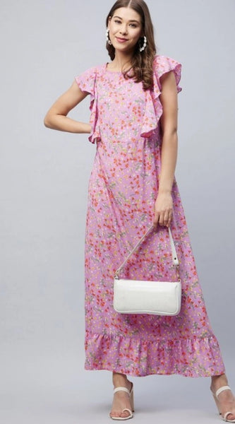 Mayawye Women's Polyester Floral Round Neck Flutter Dress (Lavender)